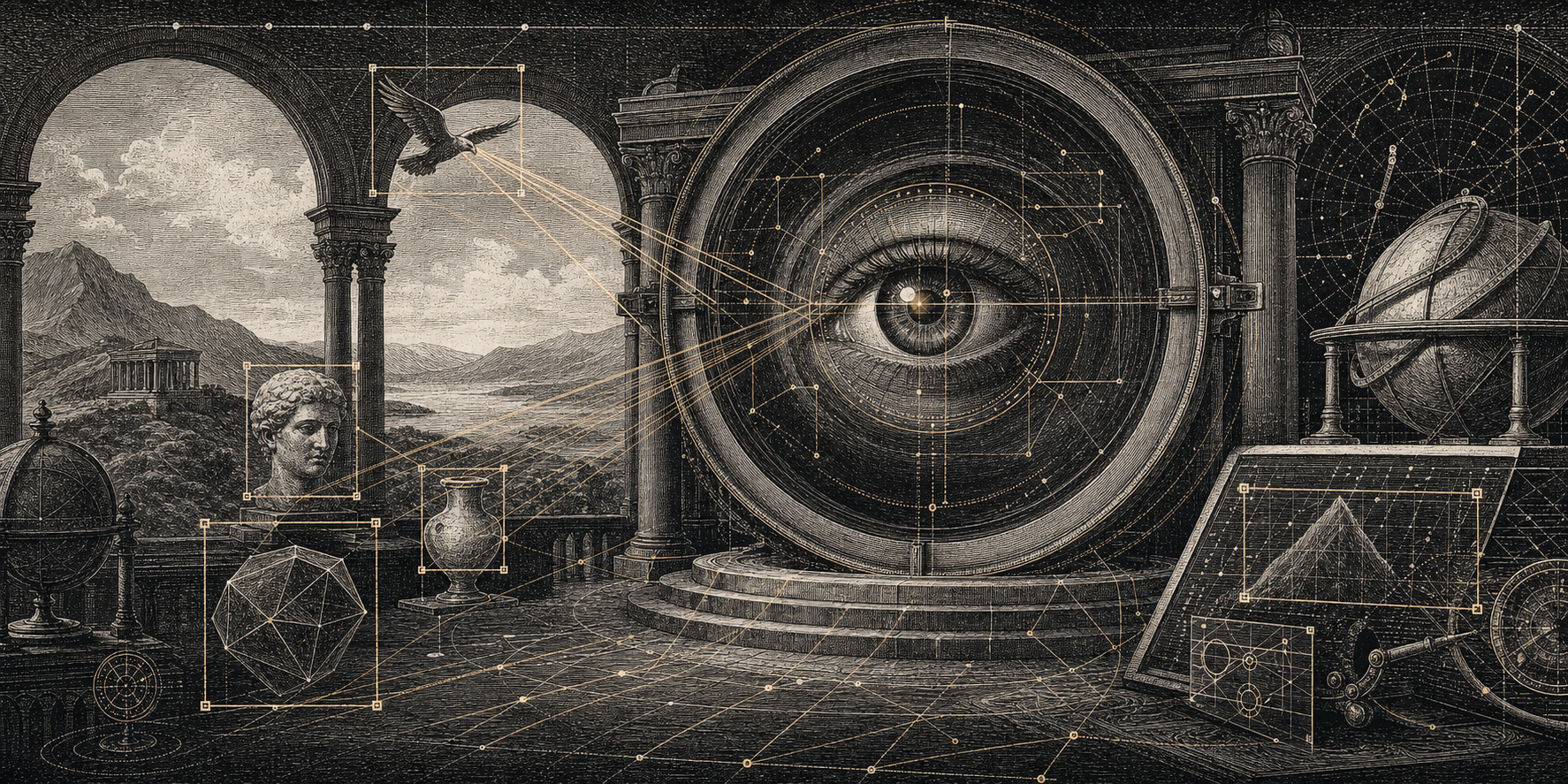 Grabado de laboratorio óptico con ojo monumental y geometría de visión computacional