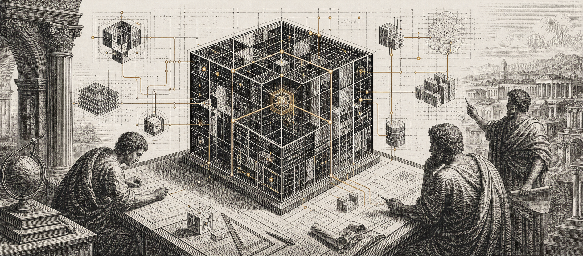 Grabado de arquitectura de software con cubo modular y planos técnicos